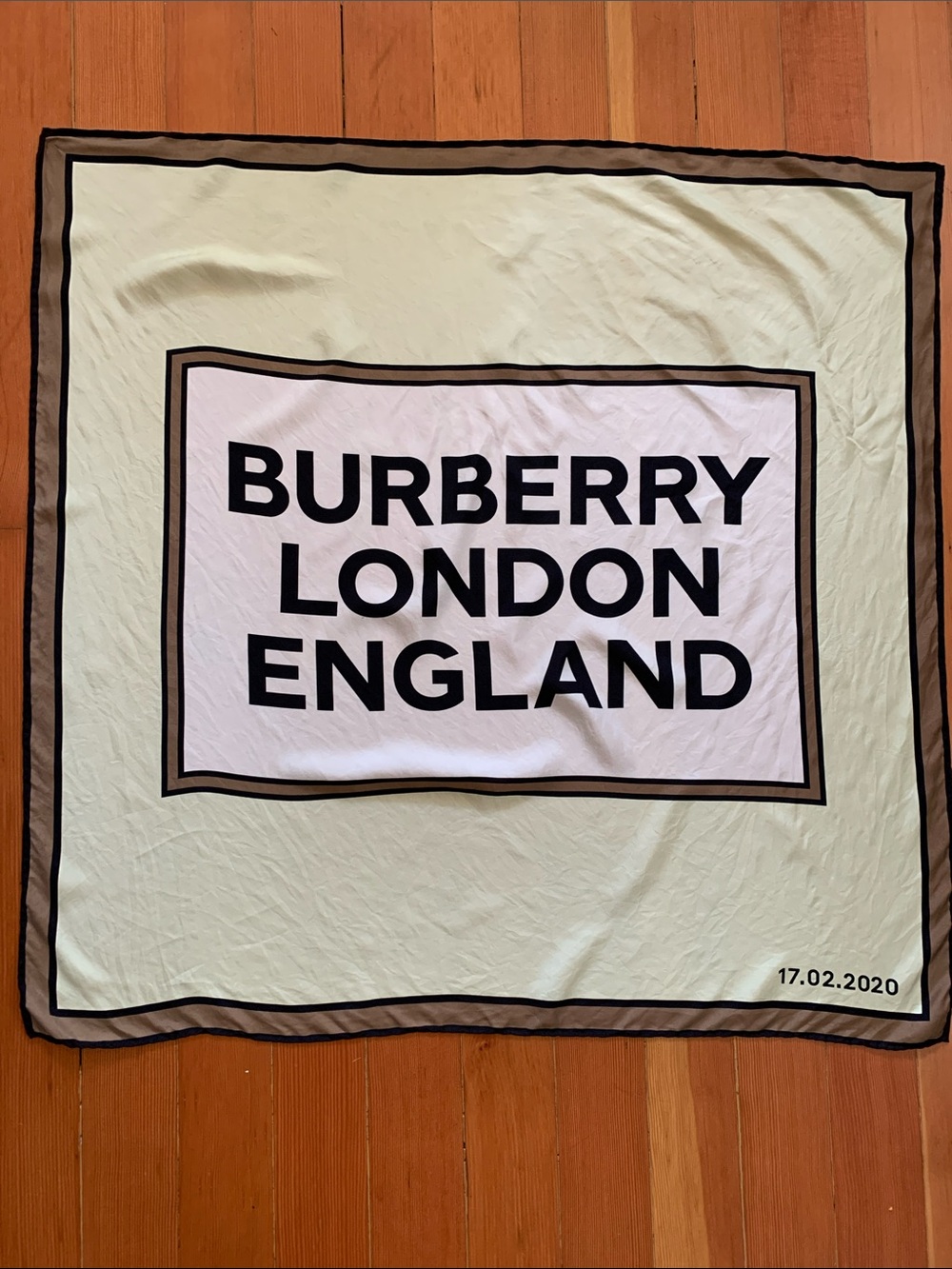 Burberry Silk Scarf Mint green w/ Black Logo Brown Trim 17.02.2020 Fashion Show